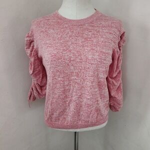 One Grey Day Pink Space Dye Ruched Puff Sleeve Sweater Small Tie Cuff Marl Knit